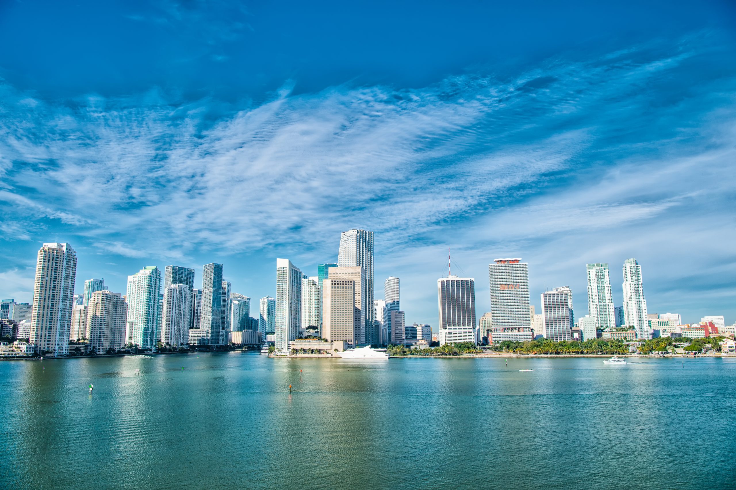 Miami skyline across the bay near Highland Lakes, Florida.