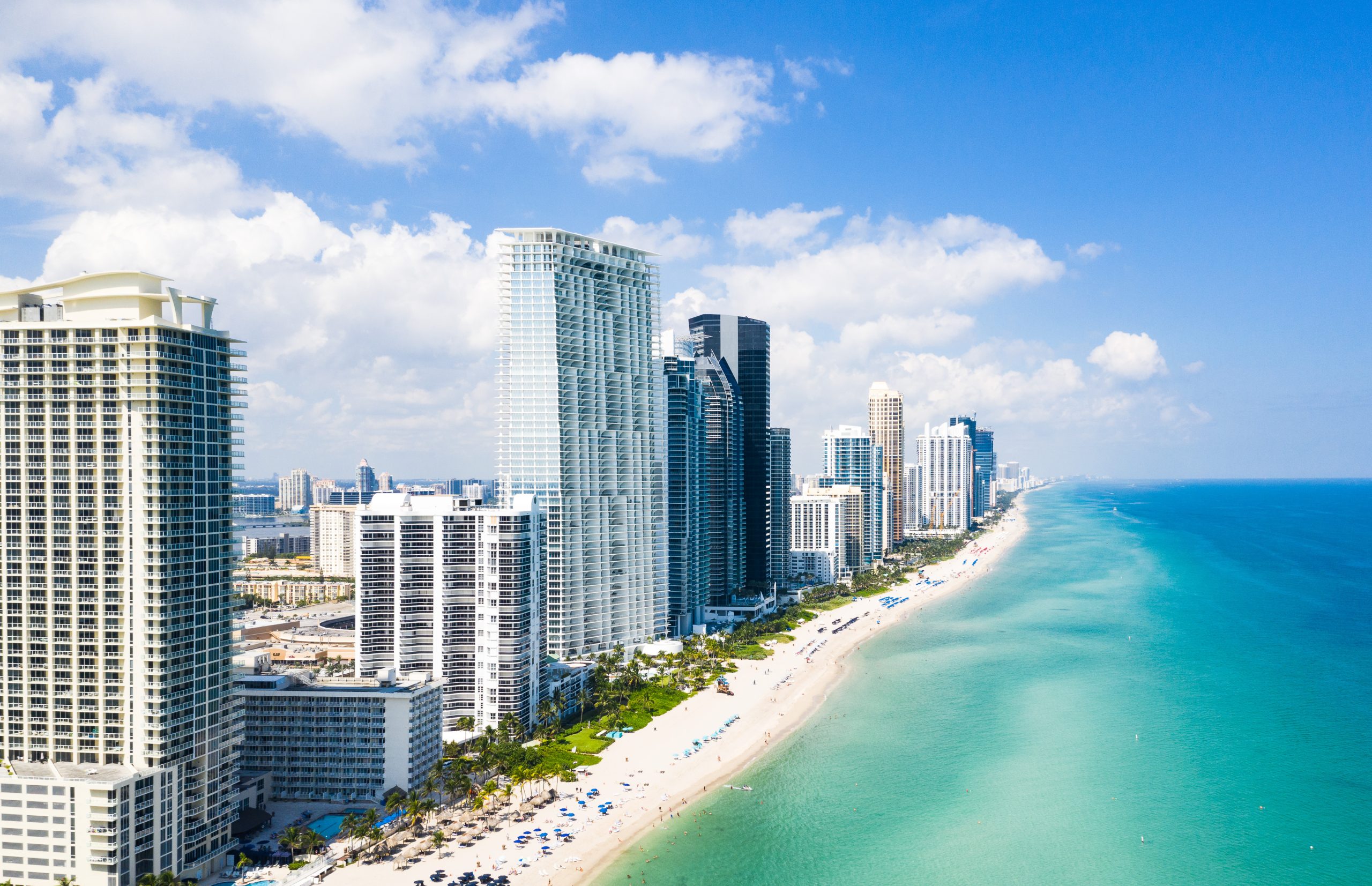 Aerial beachfront skyline near Ojus in North Miami-Dade, Florida.