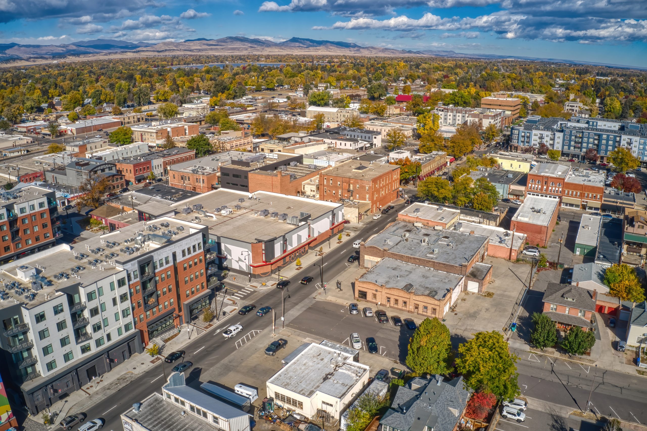 Aerial autumn view of Loveland, Colorado in peak fall foliage