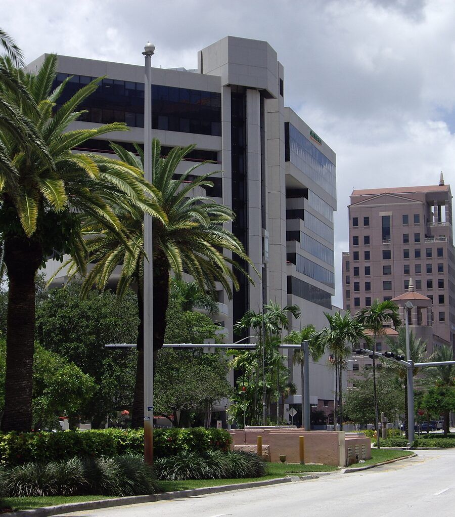 Palm-lined Alhambra Circle in the Coral Gables business district, Florida