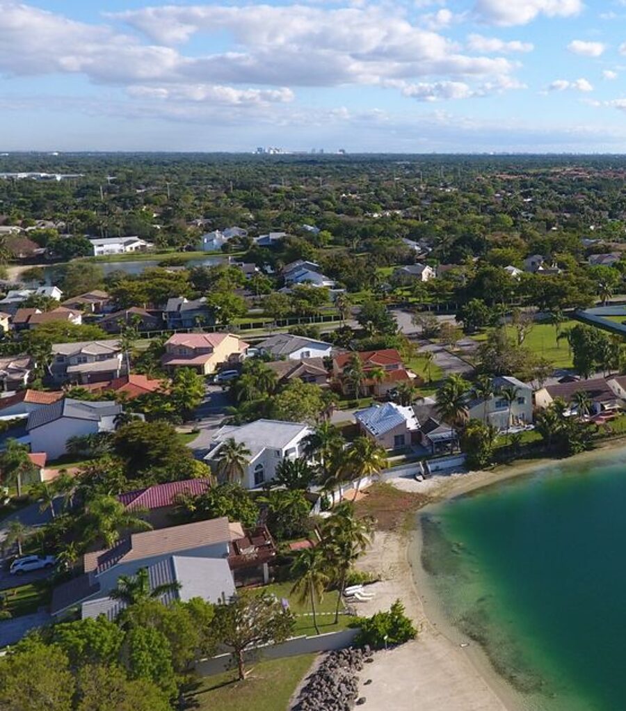 Aerial view of a lakeside residential neighborhood in Cutler Bay, Florida