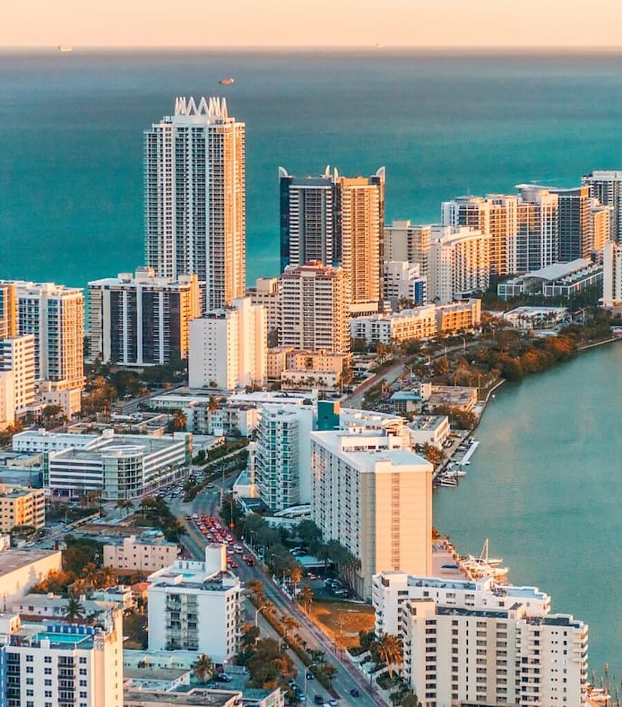 Aerial view of the Miami, Florida coastline, waterway and skyline