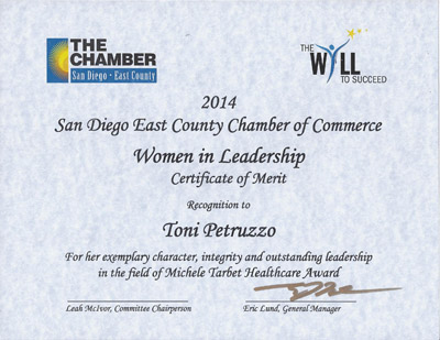 San Diego Chamber of Commerce Women in Leadership award certificate for Toni Petruzzo of Preferred Care at Home