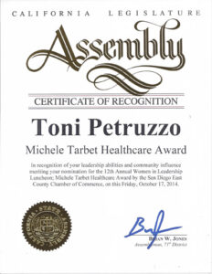 California Legislature Assembly award certificate for Toni Petruzzo of Preferred Care at Home of Central Coastal San Diego, for the Michele Tarbet Healthcare Award