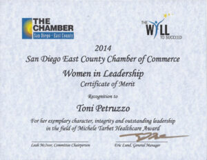San Diego Chamber of Commerce Women in Leadership award certificate for Toni Petruzzo of Preferred Care at Home