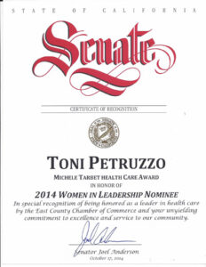 California State Senate certificate recognizing Toni Petruzzo from Preferred Care at Home of Central Coastal San Diego as a Women in Leadership Nominee for the Michele Tarbet Healthcare Award