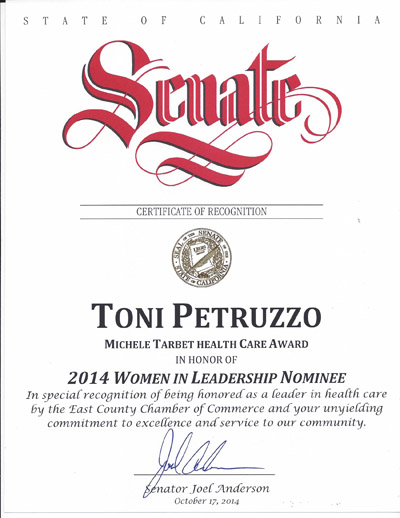 California State Senate certificate recognizing Toni Petruzzo from Preferred Care at Home of Central Coastal San Diego as a Women in Leadership Nominee for the Michele Tarbet Healthcare Award